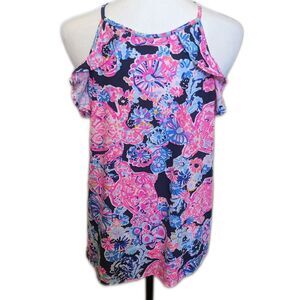 Lilly Pulitzer Billie top pink, navy, blue tank top, keyhole back, stretch S